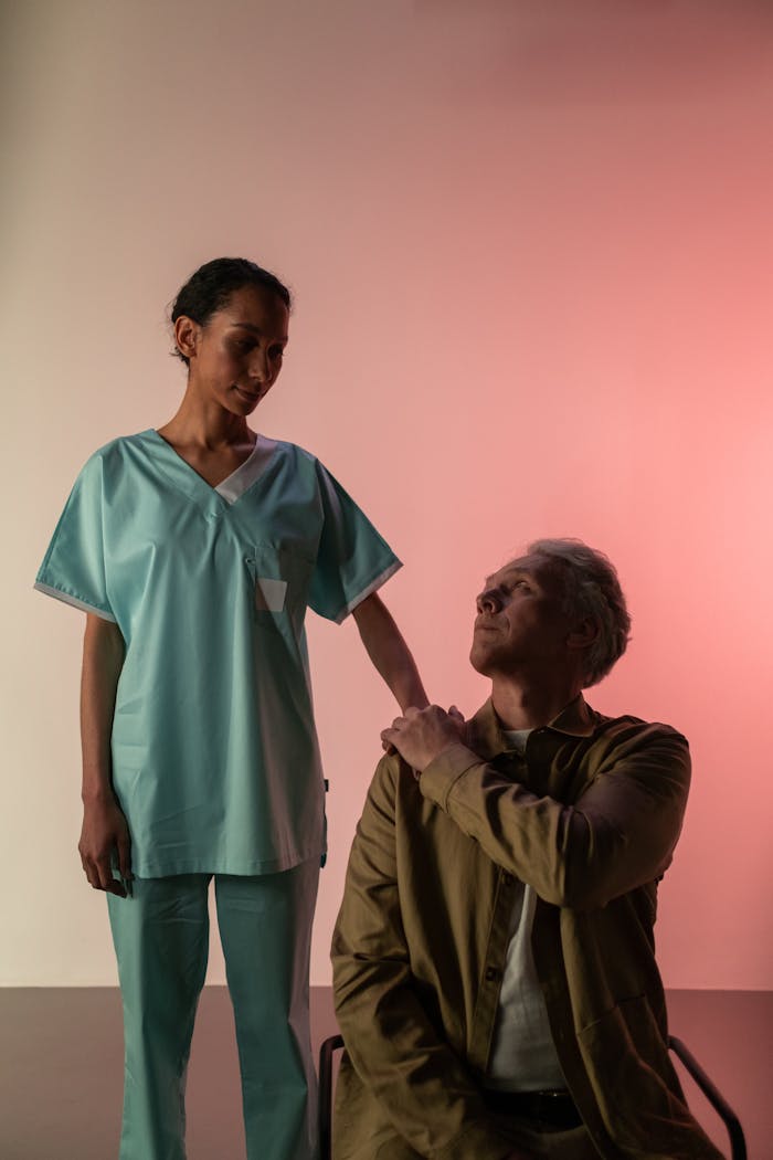 A nurse supporting a senior patient, symbolizing care and compassion in healthcare.